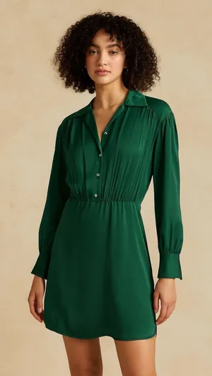 She + Sky‎ Donna Satin Mini Dress Emerald Green Collared Long Sleeve NWT Size S thumbnail 1