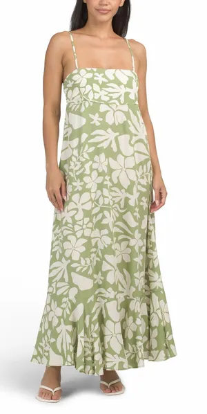 Anthropologie Paper Heart Green Sleeveless Floral MIDI Tiered Dress Size Medium thumbnail 1