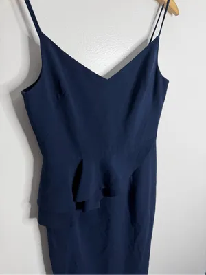 Black Halo Navy Peplum Sheath Dress V Neck Ruffle Cocktail Wedding Guest Size 8 thumbnail 6
