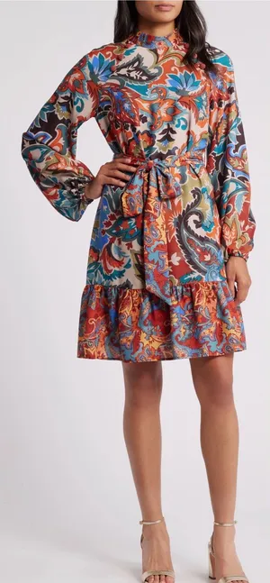 Tahari Multi Floral Paisley Mock Neck Long Sleeve Tie Belt Dress Size 2 / XS New thumbnail 1