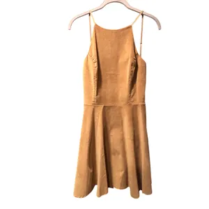 Blush Camel Stretch Corduroy Halter Skater Mini Dress Tan Ribbed Fit Flare L thumbnail 2