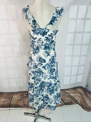 O.P.T Blue White Ingrid Floral Ruffle V-Neck Sleeveless Tiered Midi Dress Sz XS thumbnail 7