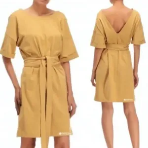Zara Belted Tunic Shirt Mini Dress Brown Beige Size Large 100% Cotton thumbnail 6