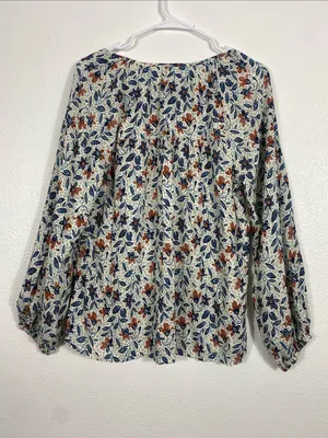 Velvet by Graham & Spencer White Floral V-Neck Blouse with Blue & Brown Accents thumbnail 6