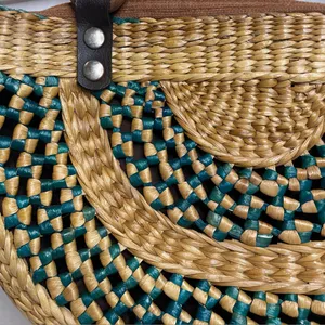 Brown Tan Teal Woven Straw Women’s Purse Handbag Wood Bead Accents Boho Beach thumbnail 4