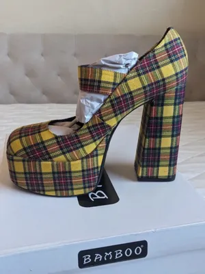 Bamboo Yellow Plaid Platform Mary Jane Chunky Block Heel Tartan Plaid Retro 90s thumbnail 3