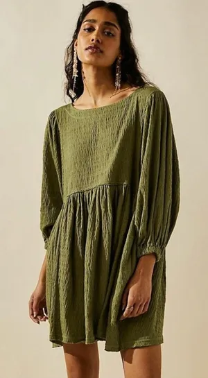 Free People Beach Green Get Obsessed Babydoll Mini Dress Long Balloon Sleeve‎ XS thumbnail 1