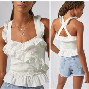 Maeve Anthropologie Smocked Ruffle Tank Ivory/White Size Small thumbnail 2