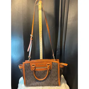 Michael Kors Signature Logo Satchel Brown Leather Trim Crossbody Bag thumbnail 5