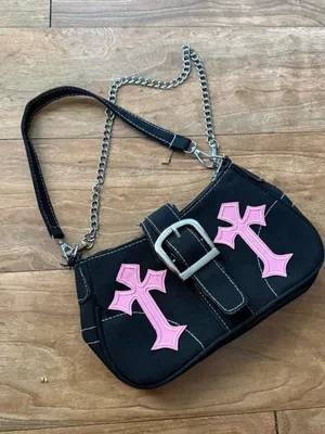 Black Canvas Shoulder Bag with Pink Cross thumbnail 1