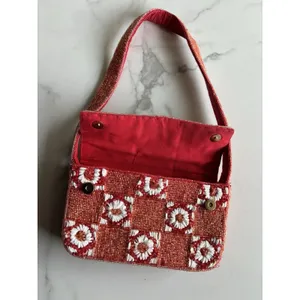 Anthropologie Fiona Beaded Shoulder Bag Red White Checkerboard Floral Flap Purse thumbnail 11
