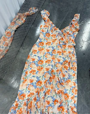 Astr Floral Ruffle Maxi Dress — Orange, Blue & Cream thumbnail 1