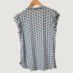 LOFT Womens Blue Geometric Medallion Ruffle Cap Sleeve Tie V-Neck Blouse Size M thumbnail 3