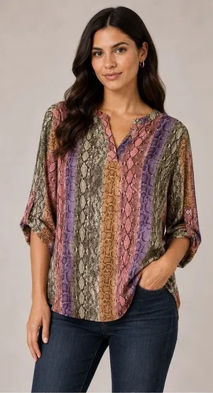 Entro Womens Multi Color Snakeskin‎ Striped Roll Tab Sleeve V-Neck Blouse Top thumbnail 1