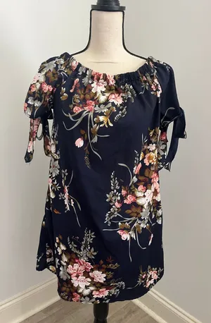 Navy Blue Floral Off the Shoulder Mini Dress Small Tie Sleeve Boho‎ Chic Summer thumbnail 1