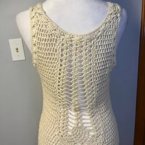ZARA KNIT Crochet‎ Knit Midi bohemian swim cover Cream Sleeveless V Neck Sheer thumbnail 7