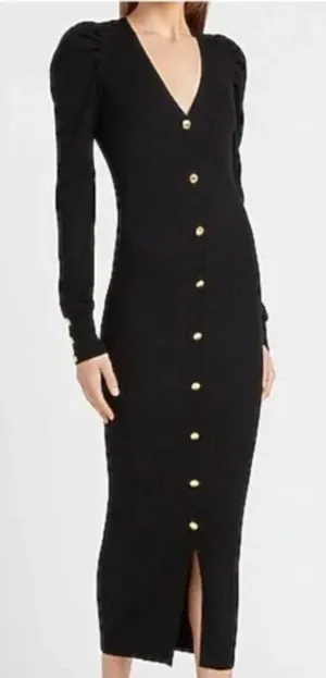 Express‎ Womens Black Ribbed Knit Puff Shoulder Gold Button Midi Dress Small thumbnail 1