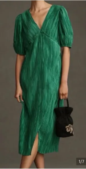 Anthropologie Emerald Green Pleated Midi Dress with Puff Sleeves thumbnail 1