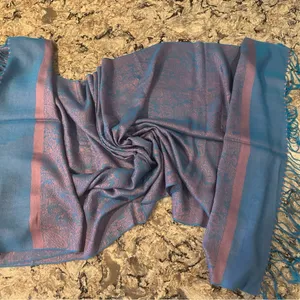 Jacquard Paisley Silk Pashmina Pink Teal Blue Fringe Wrap Shawl thumbnail 1