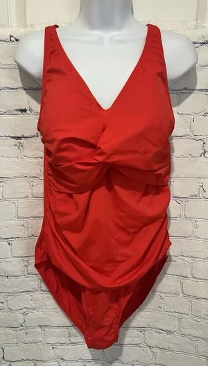 Denim & Co. Beach Twist V-Neck One-Piece with Ruching Red Plus Size 16 thumbnail 1