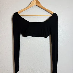 Edikted Black Ribbed Long Sleeve Crop Top Square Neck Button‎ Front XS thumbnail 6