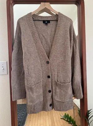 Banana Republic Wool Cotton Cardigan Chunky Knit Button Front Taupe Brown S thumbnail 1