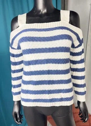 So Striped Knit‎ Sweater Cold Shoulder Long Sleeve Pullover Top M thumbnail 1
