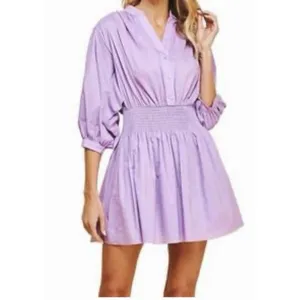 Pinch Mini Dress Womens Med Purple Pleated Puff Sleeve Boho Preppy smocked NWT thumbnail 2