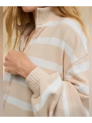 aerie Beige and White Striped Quarter-Zip Sweater thumbnail 3