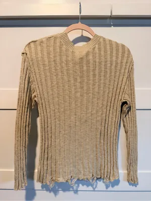 Heyson Distressed Ribbed Knit Sweater Cream Tan Beige Small ESW1084 thumbnail 5