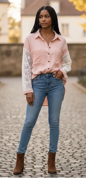 POL Pink Button-Down Gauze Shirt with White Crochet Sleeves thumbnail 1