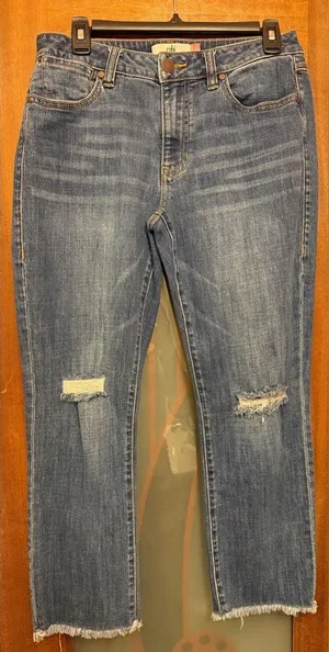 CAbi Women’s Cropped High Waisted Straight Leg Distressed Denim Jeans Size 6 thumbnail 1