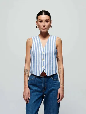 Nation Anthropologie, Los Angeles Blue and White Striped Button Vest, Size XS thumbnail 2