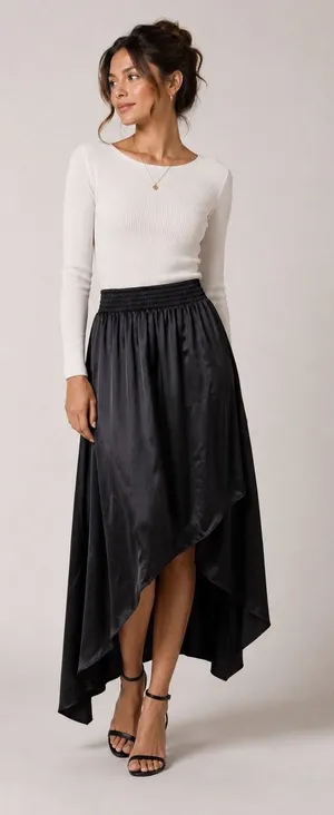 Bishop‎ Young Black Asymmetrical Smocked Waist Midi Skirt S thumbnail 1