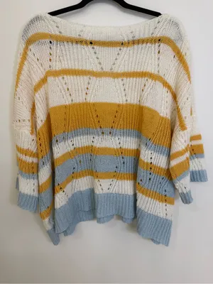 POL-Striped V-Neck Knit Sweater in White, Mustard & Light Blue women size M thumbnail 2