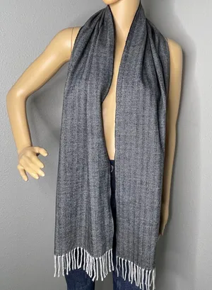 Black and White Herringbone Scarf With Fringe 100% Acrylic thumbnail 1