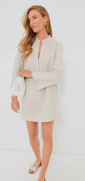 NWT Tuckernuck Tatum Linen Dress Small Beige Natural Shift Mini Long Sleeve thumbnail 1