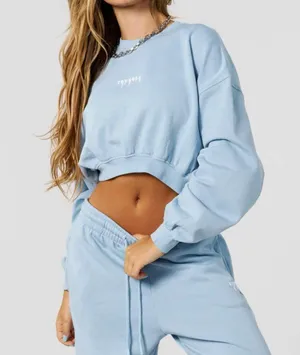 Youngla Crewneck Cropped Long Sleeve Sweatshirt Size Large Blue thumbnail 7