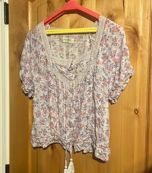 Lucky Brand 7W46342 Lilac Multi Floral Short Sleeve Peasant Top $69.50 EUC M thumbnail 6