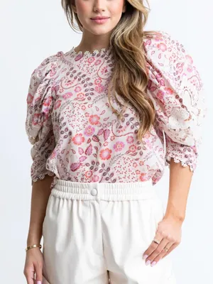 Karlie Womens Paris Floral Crochet Trim Top Blouse Pink Large thumbnail 1