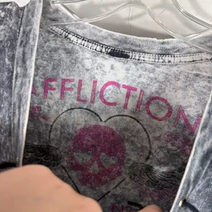 Y2K Affliction Women's Acid Wash Velvet Print Lace Up Skull Grunge Tee Small S thumbnail 4