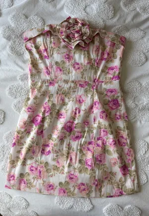 For Love & Lemons Pink Floral Strapless Dress with Rosette Detail thumbnail 1