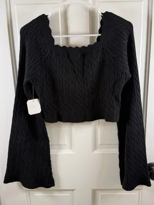 Altar’d State Black Cable Knit Cropped Bell Sleeve Sweater XL NWT thumbnail 7