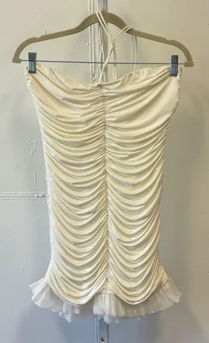 Lucy In The Sky White Ruched Halter Mini Dress Ruffle Hem Large Ivory Bodycon thumbnail 1