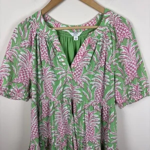Crown Ivy Dress Sz‎ S Pineapple Green Cottage Tiered Tropical Puff Short thumbnail 3