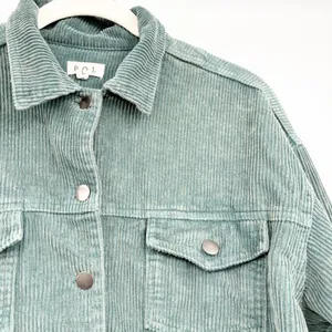 POL Womens Blue Green Corduroy Raw Hem Boho Grunge Trucker Jacket Size L thumbnail 6