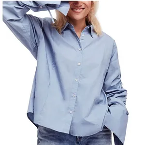 Free People Light Blue Ruched Sleeve Button Down Blouse thumbnail 1