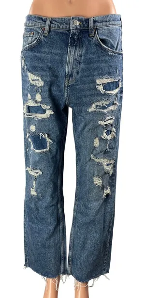 Zara Women's Blue Distressed High Waisted Wide Leg Baggy Denim Jeans Size 10 thumbnail 1
