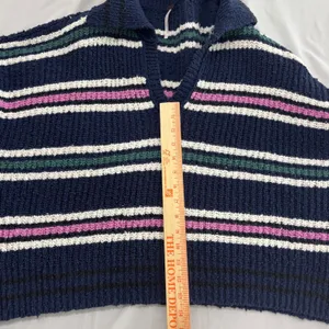 Free People Navy Blue Striped Chunky Knit Polo V-Neck Sweater Large thumbnail 5