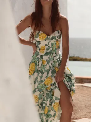 Zara Strapless Fruit Print Maxi Dress - Green & Yellow thumbnail 5
